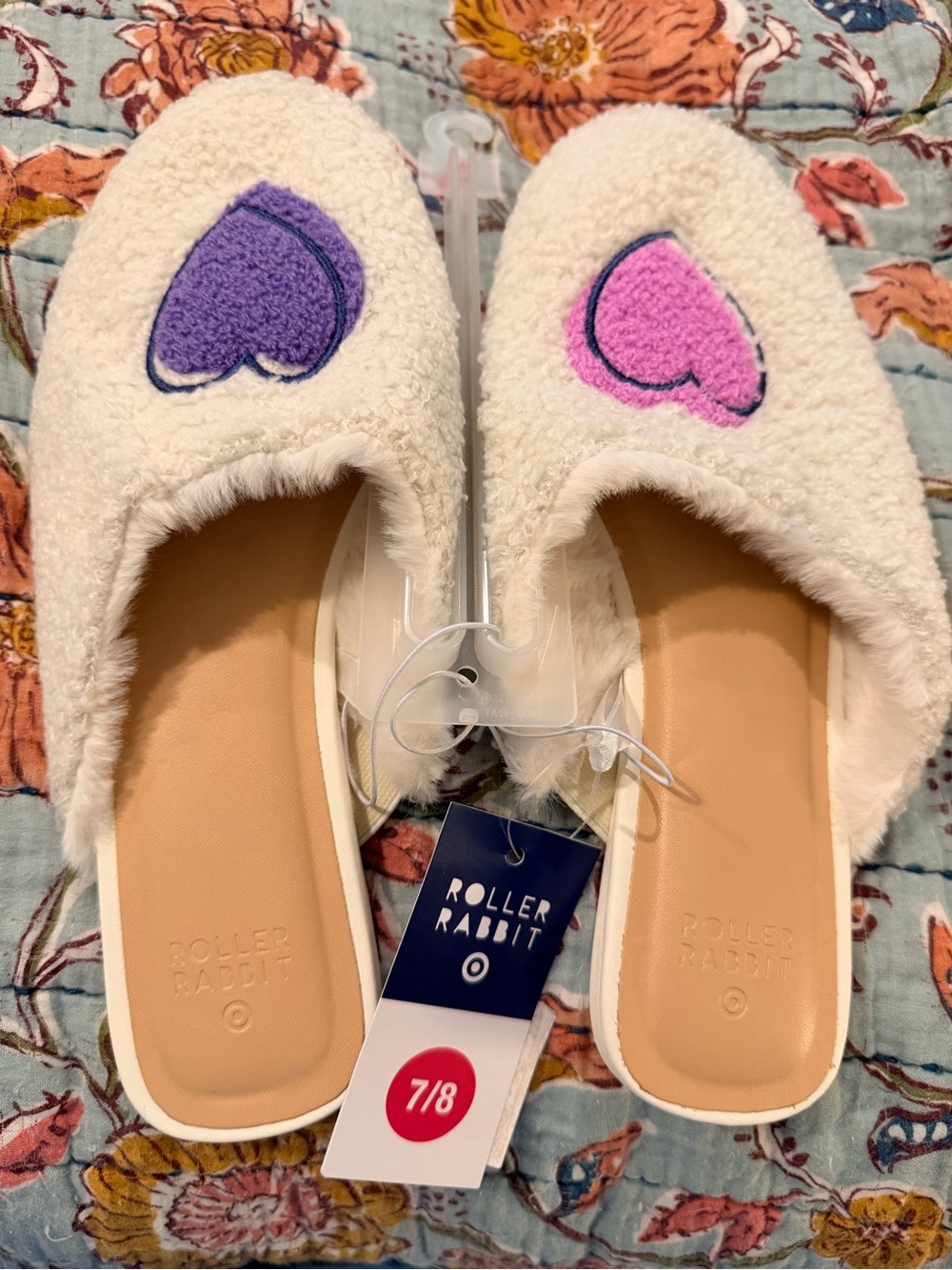 Roller Rabbit Cream Faux Shearling Slip-On Slippers Purple Pink Hearts 7/8
